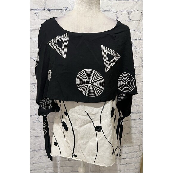 Feratelle tunic top Rayon blouse layered with a black overlay Geometric Design M - Picture 1 of 5